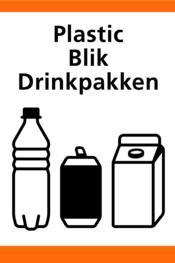 Plaatje met fles, blikje en drinkpak en de tekst: plastic, blik en drinkpakken