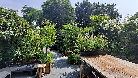 Foto van een tuin met boompje en een eettafel.
