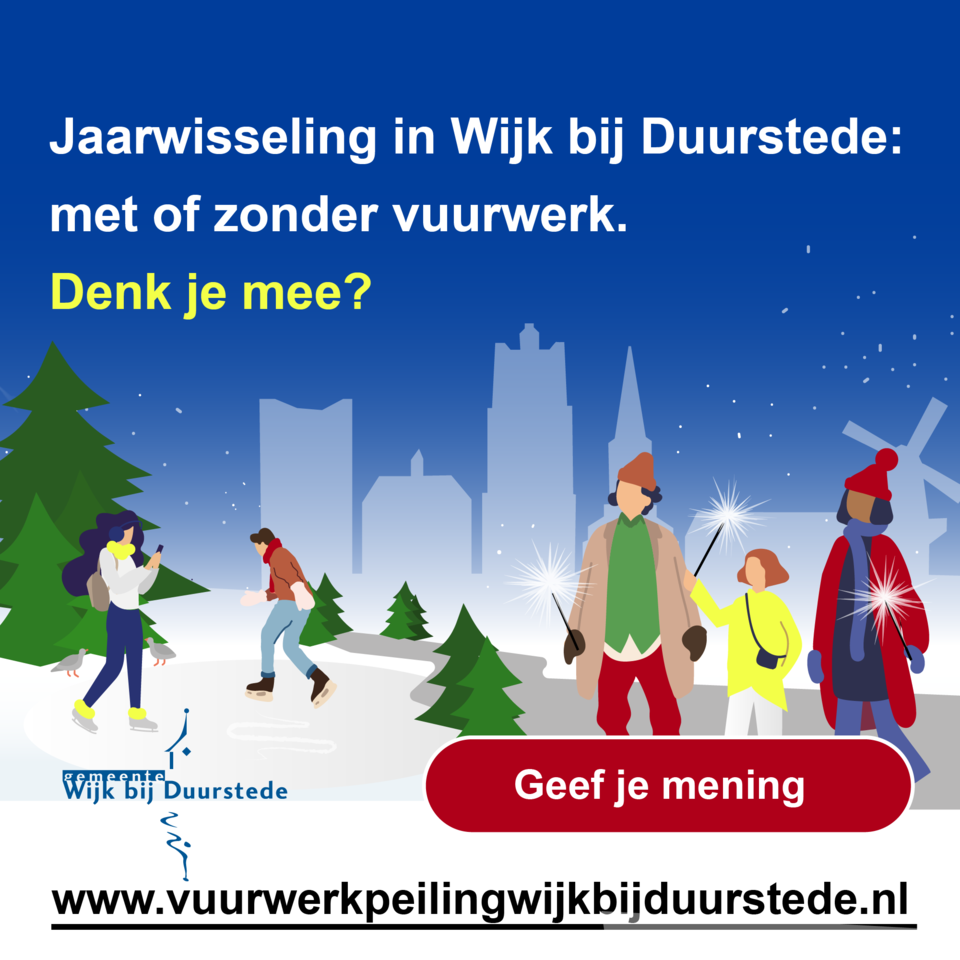Plaatje met mensen er op en de vraag: Jaarwisseling in Wijk bij Duurstede: met over zonder vuurwerk. Denk je mee?